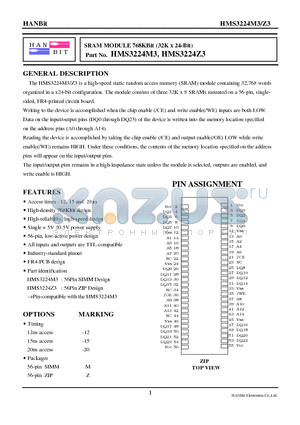 HMS3224Z3-20 datasheet - SRAM MODULE 768KBit (32K x 24-Bit)