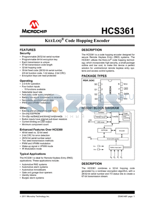 HCS361_11 datasheet - KEELOQ^ Code Hopping Encoder incorporates high security,