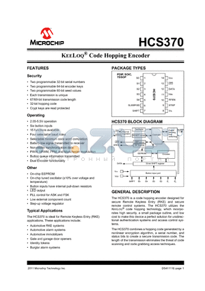 HCS370 datasheet - KEELOQ^ Code Hopping Encoder Four selectable baud rates
