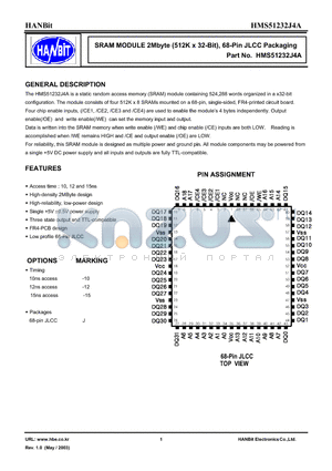 HMS51232J4A datasheet - SRAM MODULE 2Mbyte (512K x 32-Bit), 68-Pin JLCC Packaging