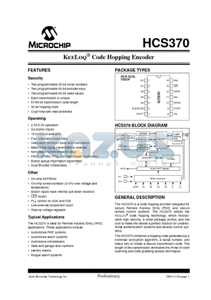 HCS370TST datasheet - KEELOQ Code Hopping Encoder