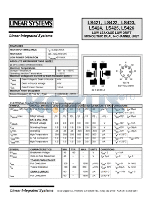 LS424 datasheet - LOW LEAKAGE LOW DRIFT MONOLITHIC DUAL N-CHANNEL JFET