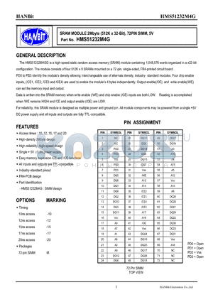 HMS51232M4G datasheet - SRAM MODULE 2Mbyte (512K x 32-Bit), 72PIN SIMM, 5V