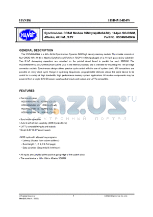 HMS51232M4G-10 datasheet - Synchronous DRAM Module 32Mbyte(4Mx64-Bit), 144pin SO-DIMM, 4Banks, 4K Ref., 3.3V