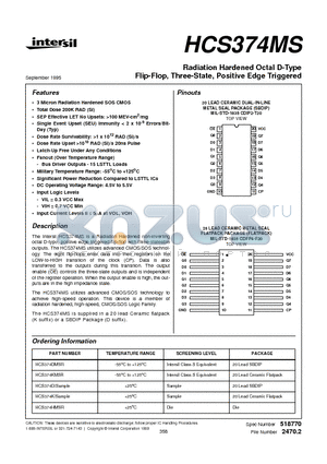 HCS374HMSR datasheet - Radiation Hardened Octal D-Type Flip-Flop, Three-State, Positive Edge Triggered