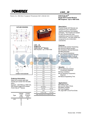 LS431050 datasheet - POW-R-BLOK Single SCR Isolated Module (500 Amperes / Up to 1600 Volts)
