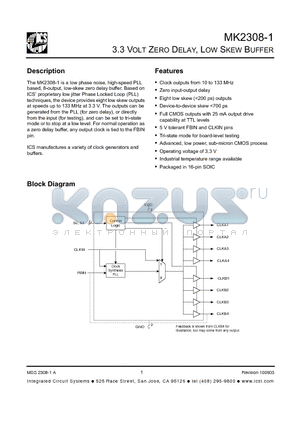 MK2308-1 datasheet - 3.3 VOLT ZERO DELAY, LOW SKEW BUFFER