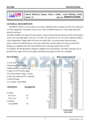 HMS51232M4L-10 datasheet - SRAM MODULE 2Mbyte (512K x 32-Bit), LOW POWER, 72-Pin SIMM 5V