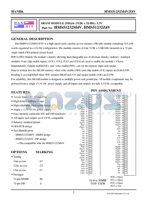 HMS51232M4V-10 datasheet - SRAM MODULE 2Mbyte (512K x 32-Bit), 3.3V