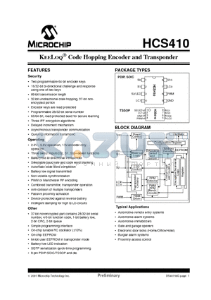 HCS410-P datasheet - KEELOQ^ Code Hopping Encoder and Transponder