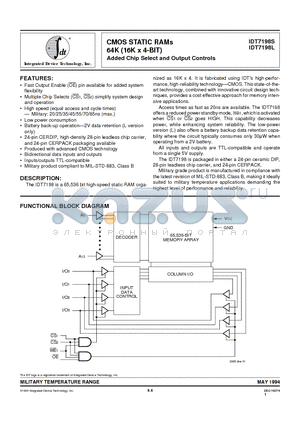 IDT7198L20EB datasheet - CMOS STATIC RAMs 64K (16K x 4-BIT) Added Chip Select and Output Controls