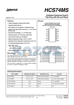 HCS74D datasheet - Radiation Hardened Dual-D Flip-Flop with Set and Reset
