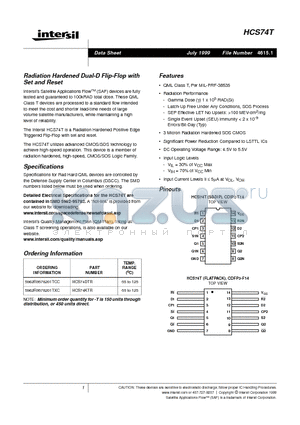 HCS74KTR datasheet - Radiation Hardened Dual-D Flip-Flop with Set and Reset