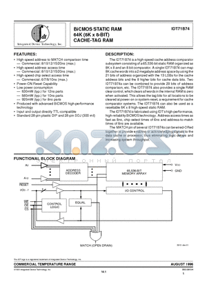 IDT71B74S12TP datasheet - BiCMOS STATIC RAM 64K (8K x 8-BIT) CACHE-TAG RAM