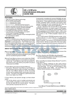 IDT71F432 datasheet - 32k X 32 mcACHE synchronous pipelined cache ram