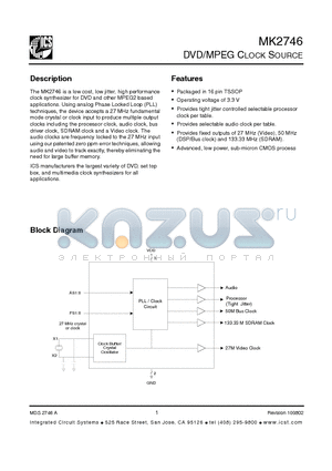 MK2746 datasheet - DVD/MPEG CLOCK SOURCE