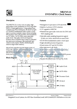 MK2745-21S datasheet - DVD/MPEG Clock Source