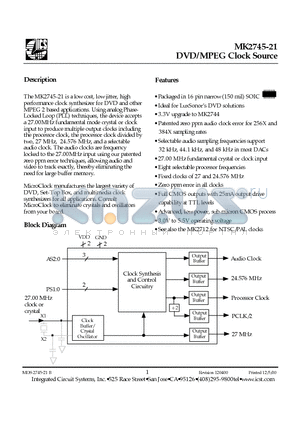 MK2745-21STR datasheet - DVD/MPEG Clock Source