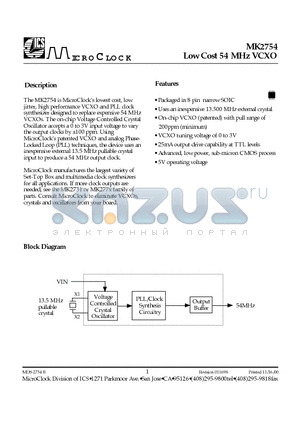 MK2754STR datasheet - Low Cost 54 MHz VCXO