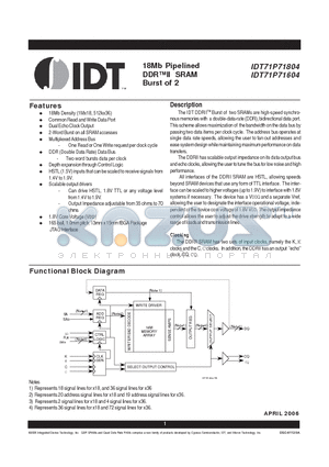 IDT71P71804 datasheet - 18Mb Pipelined DDRII SRAM Burst of 2