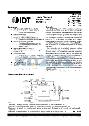 IDT71P72204S167BQ datasheet - 18Mb Pipelined QDRII SRAM Burst of 2