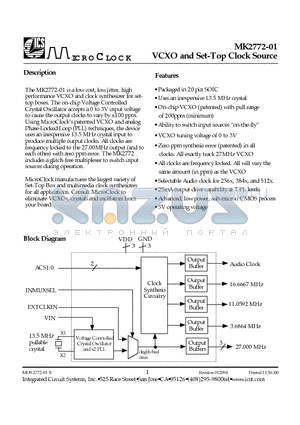 MK2772-01 datasheet - VCXO and Set-Top Clock Source