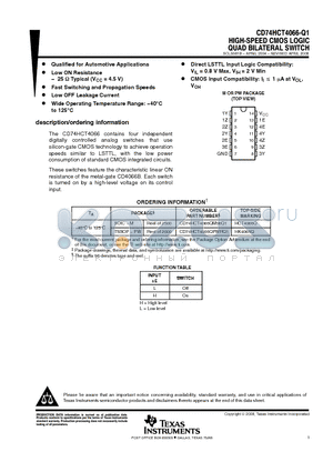 HCT4066QPWRG4Q1 datasheet - HIGH-SPEED CMOS LOGIC QUAD BILATERAL SWITCH