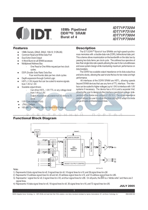 IDT71P73104 datasheet - 18Mb Pipelined DDRII SRAM Burst of 4