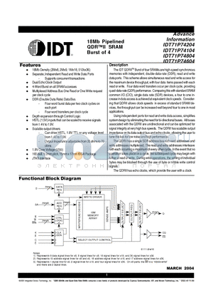 IDT71P74204 datasheet - 18Mb Pipelined QDR II SRAM Burst of 4