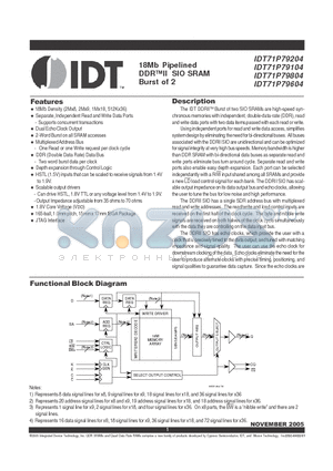 IDT71P79104 datasheet - 18Mb Pipelined DDRII SIO SRAM Burst of 2