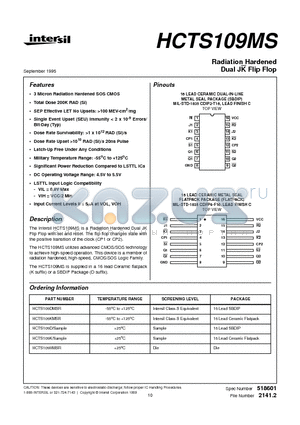 HCTS109DMSR datasheet - Radiation Hardened Dual JK Flip Flop