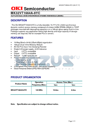 MK32VT1664A datasheet - 16,777,216 Word x 64 Bit SYNCHRONOUS DYNAMIC RAM MODULE (2BANK)