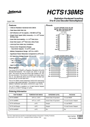 HCTS138DMSR datasheet - Radiation Hardened Inverting 3-to-8 Line Decoder/Demultiplexer