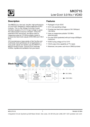 MK3715 datasheet - LOW COST 3.3 VOLT VCXO