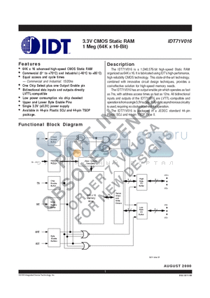 IDT71V016 datasheet - 3.3V CMOS Static RAM 1 Meg (64K x 16-Bit)