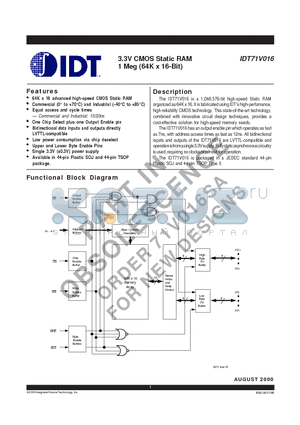 IDT71V016S20PH datasheet - 3.3V CMOS Static RAM 1 Meg (64K x 16-Bit)
