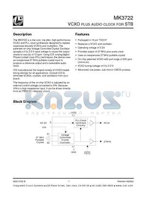 MK3722 datasheet - VCXO PLUS AUDIO CLOCK FOR STB