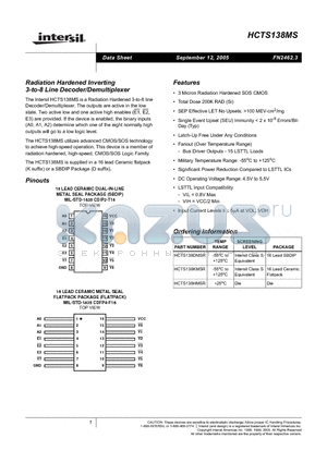 HCTS138MS_05 datasheet - Radiation Hardened Inverting 3-to-8 Line Decoder/Demultiplexer