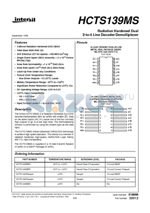 HCTS139D datasheet - Radiation Hardened Dual 2-to-4 Line Decoder/Demultiplexer