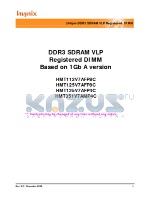HMT125V7AFP8C-G7 datasheet - 240pin DDR3 SDRAM VLP Registered DIMM