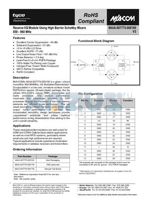 MAIA-007775-0001TR datasheet - Receive I/Q Module Using High Barrier Schottky Mixers 850 - 960 MHz