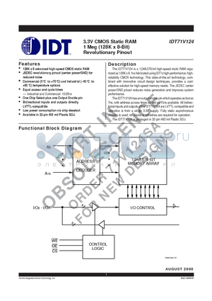 IDT71V124S15 datasheet - 3.3V CMOS Static RAM 1 Meg (128K x 8-Bit) Revolutionary Pinout
