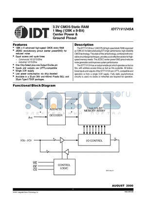 IDT71V124SA10PH datasheet - 3.3V CMOS Static RAM 1 Meg (128K x 8-Bit) Center Power & Ground Pinout