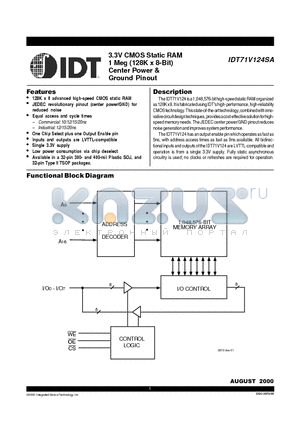 IDT71V124SA10Y datasheet - 3.3V CMOS Static RAM 1 Meg (128K x 8-Bit) Center Power & Ground Pinout