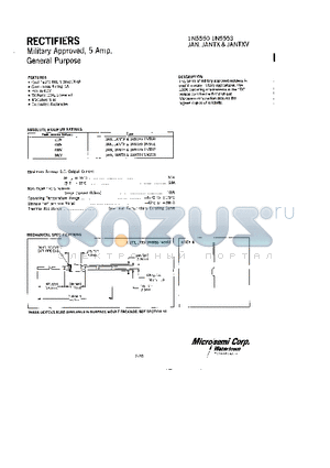 JANTX1N5550 datasheet - RECTIFIERS MILITARY APPROVED, 5 AMP, GENERAL PURPOSE