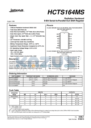 HCTS164D datasheet - Radiation Hardened 8-Bit Serial-In/Parallel-Out Shift Register