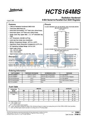 HCTS164KMSR datasheet - Radiation Hardened 8-Bit Serial-In/Parallel-Out Shift Register