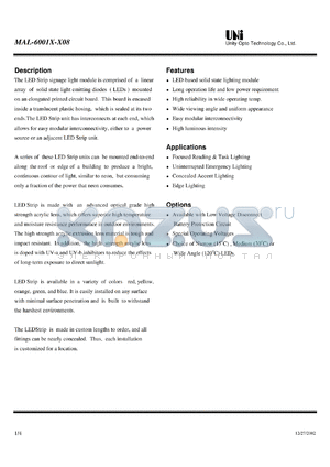 MAL-6001X-X08 datasheet - The LED Strip signage light module is comprised of a linear array of solid state light emitting diodes