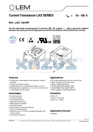 LAX100-NP datasheet - Current Transducer LAX SERIES