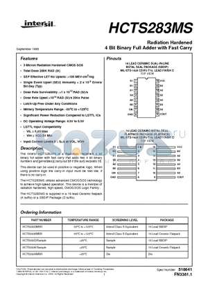 HCTS283MS datasheet - Radiation Hardened 4 Bit Binary Full Adder with Fast Carry